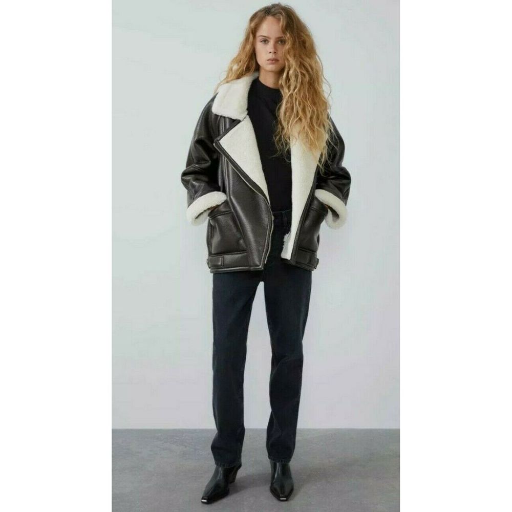 New ZARA FAUX SHEARLING LEATHER FUR AVIATOR JACKET